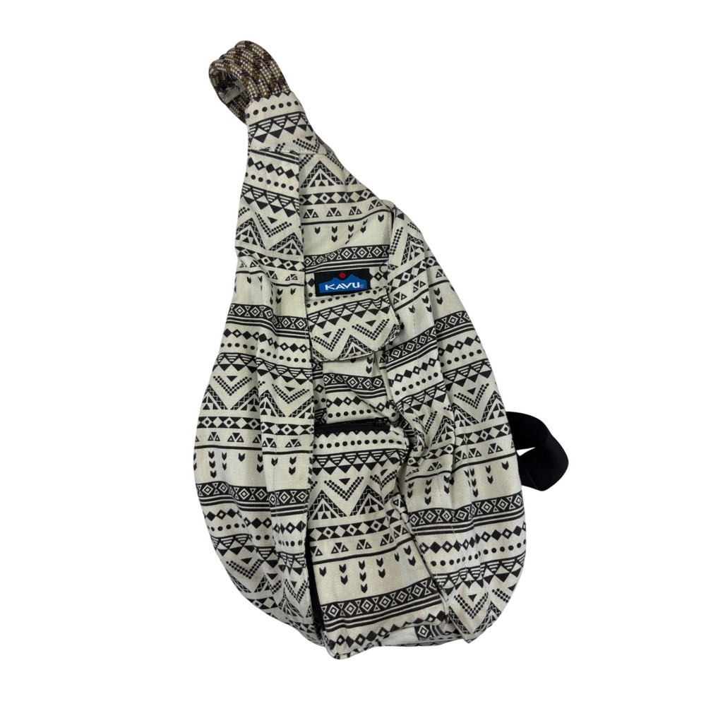 KAVU Rope Bag Cotton Canvas Sling Crossbody Tribal Geometric Black Cream